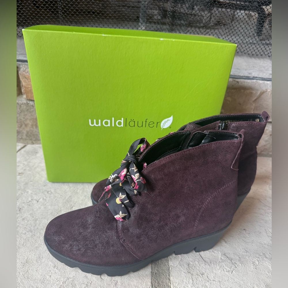 New Waldläufer Women's Effie Plum Suede Wedge Ankle Boots Size 8